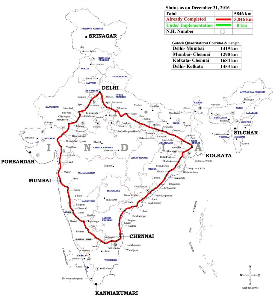 Map of the Golden Quadrilateral route across India