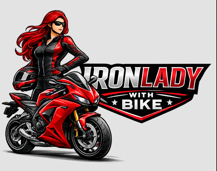 Iron Lady with Bike artwork featuring an illustrated woman rider and a red sports motorcycle